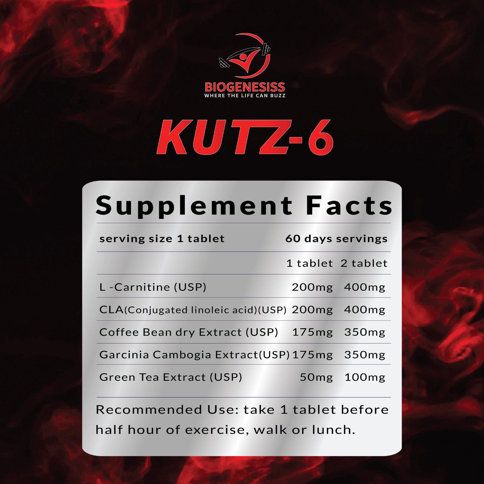 BIOGENESISS KUTZ-6 Extreme Thermogenic Fat Burner – Advanced Metabolic Support & Energy Booster for Weight Management (60 Dietary Tablets)