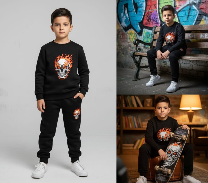 Black Printed Kids Tracksuit | Winter Fleece Sweatshirt & Trouser Set – Warm, Soft & Stylish Winter Garments for Boys & Girls FOR BABY AND KIDs