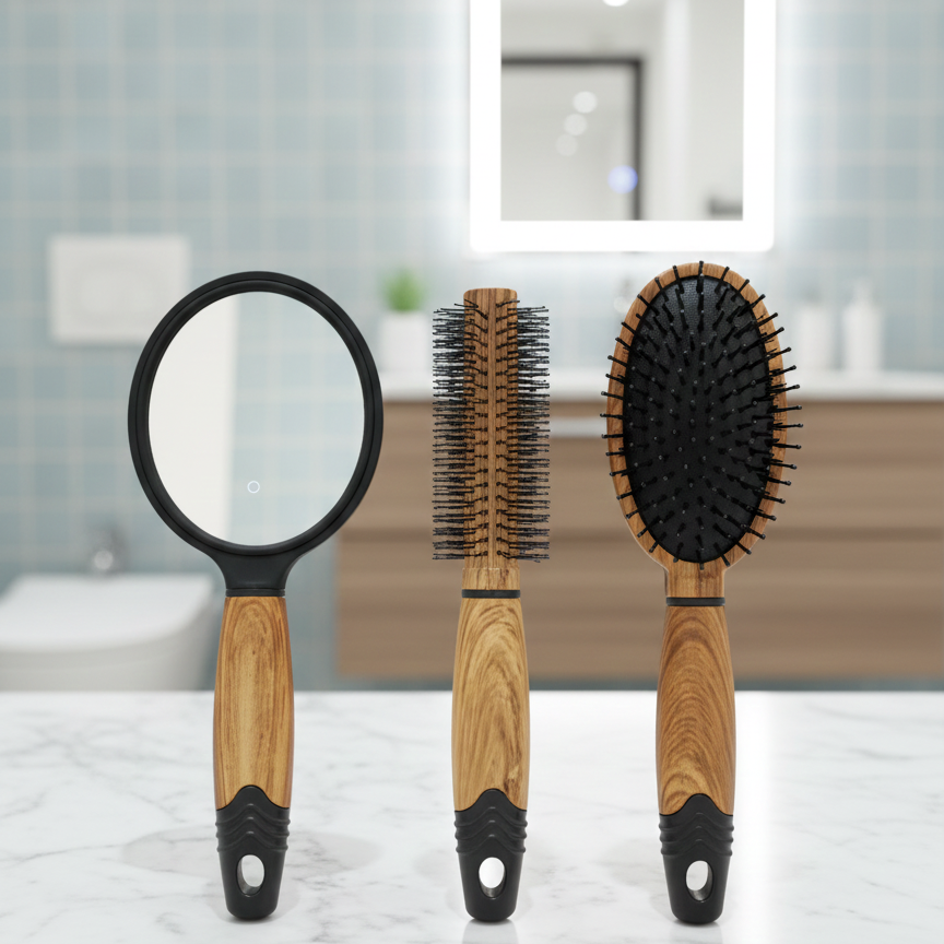 3‑Piece Hairbrush & Mirror Set | Elegant Wood Finish | Grooming & Styling Essentials