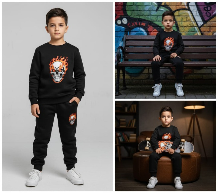 Black Printed Kids Tracksuit | Winter Fleece Sweatshirt & Trouser Set – Warm, Soft & Stylish Winter Garments for Boys & Girls FOR BABY AND KIDs