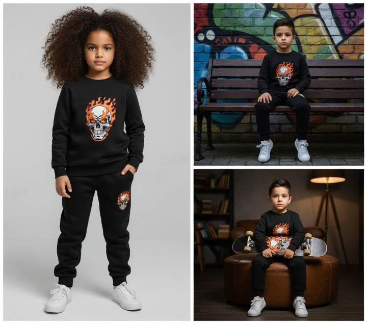 Black Printed Kids Tracksuit | Winter Fleece Sweatshirt & Trouser Set – Warm, Soft & Stylish Winter Garments for Boys & Girls FOR BABY AND KIDs